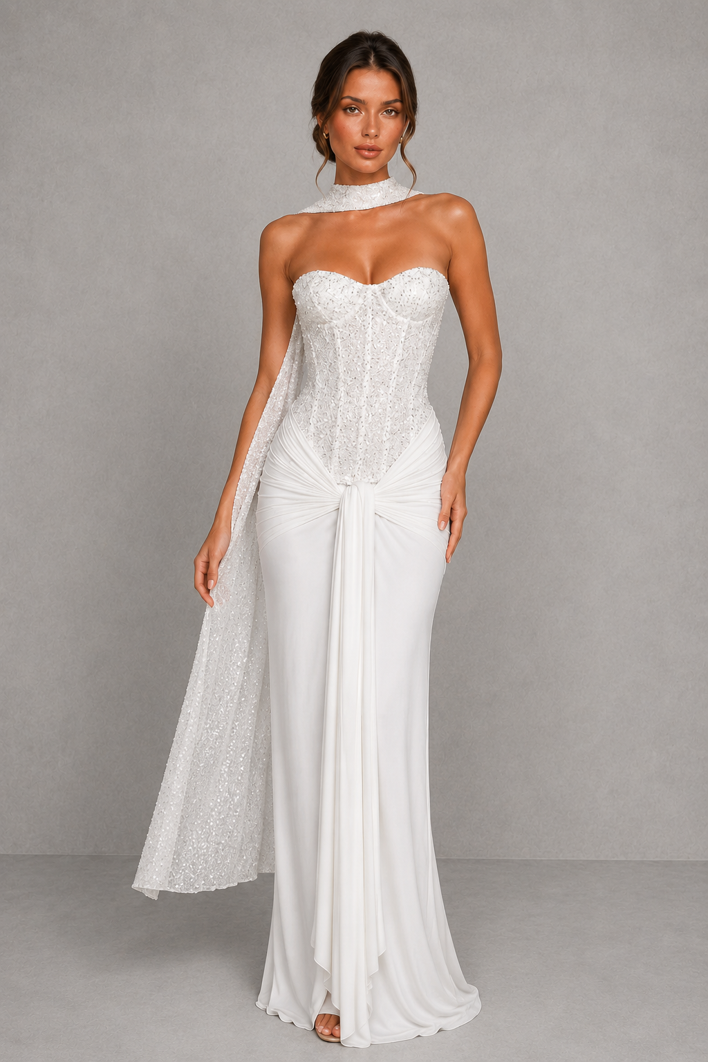 Women’s Strapless Embellished Maxi Dress with Draped Jersey Skirt for Formal & Evening Wear
