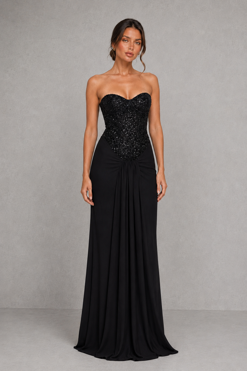 Women’s Strapless Embellished Maxi Dress with Draped Jersey Skirt for Formal & Evening Wear