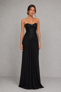 Women’s Strapless Embellished Maxi Dress with Draped Jersey Skirt for Formal & Evening Wear