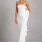 Women's strapless pearl trim maxi dress in premium crepe with a fitted bodice, elegant column skirt, centre back split, and detachable oversized bow for formal occasions.
