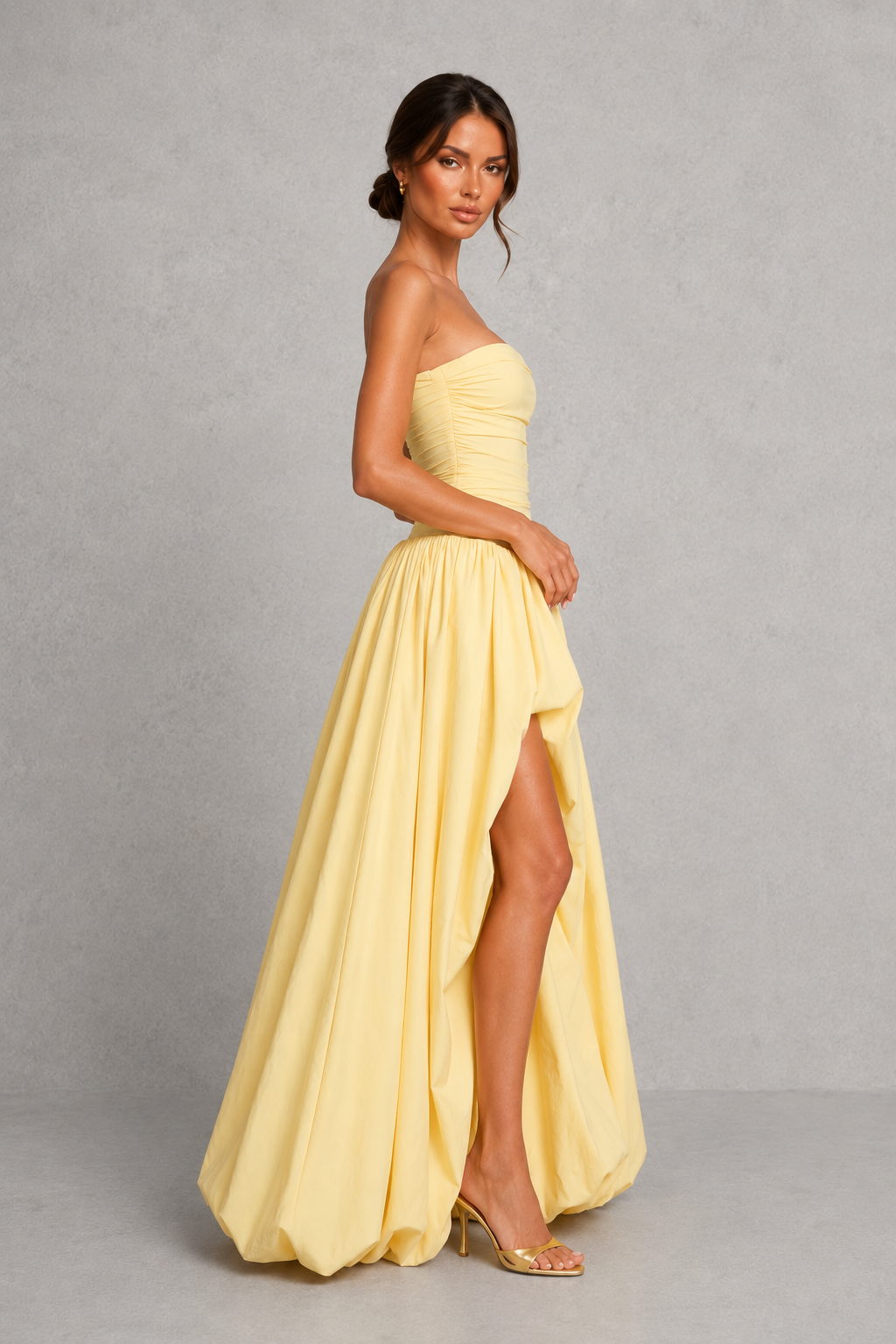 Women’s Strapless Puffball Maxi Dress with Lace-Up Back for Formal & Evening Wear
