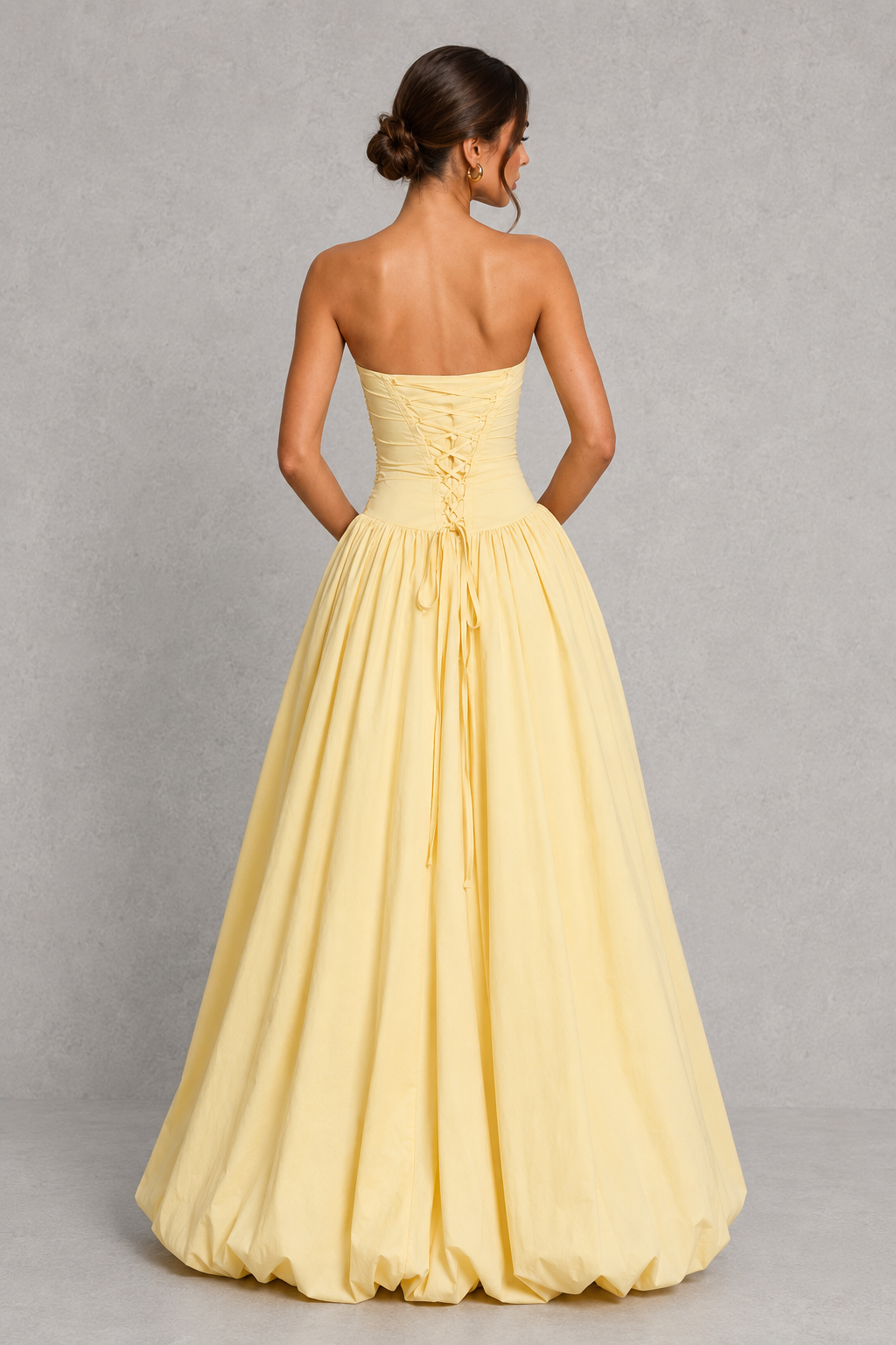 Women’s Strapless Puffball Maxi Dress with Lace-Up Back for Formal & Evening Wear