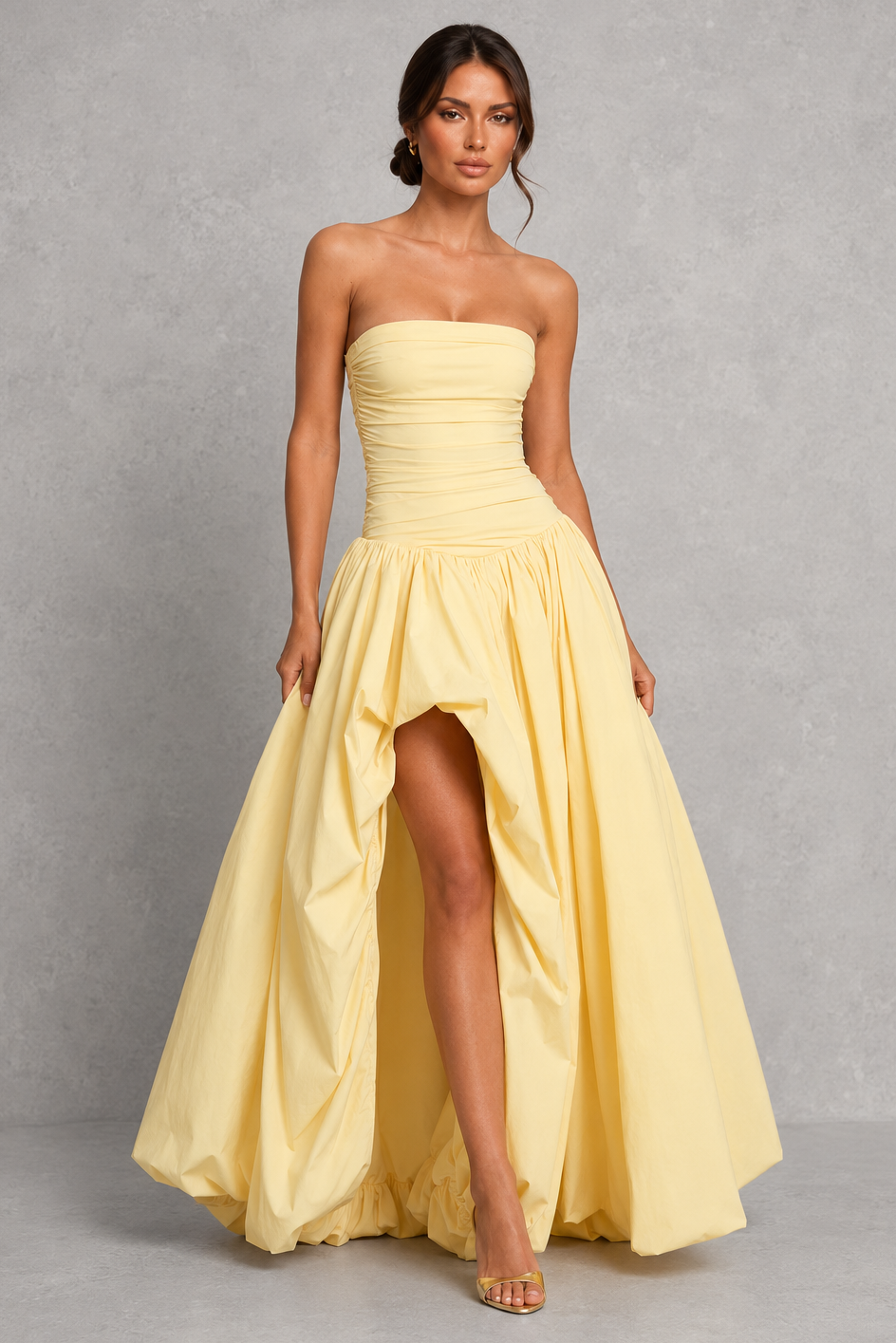Women’s Strapless Puffball Maxi Dress with Lace-Up Back for Formal & Evening Wear
