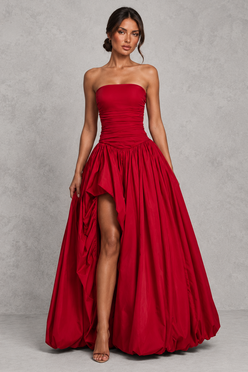 Women’s Strapless Puffball Maxi Dress with Lace-Up Back for Formal & Evening Wear