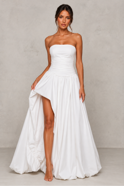 Women’s Strapless Puffball Maxi Dress with Lace-Up Back for Formal & Evening Wear