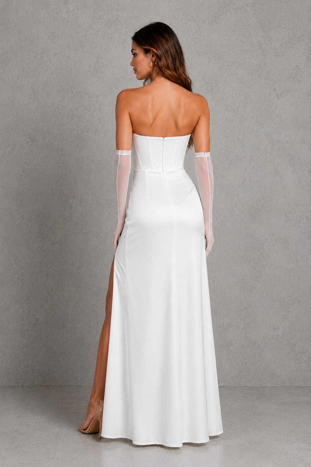 Women’s Strapless Satin Maxi Dress with Hidden Corset & Thigh Split for Evening & Formal Wear