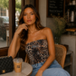 Women’s Strapless Sequin Bustier Top with Animal Print