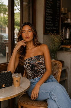 Women’s Strapless Sequin Bustier Top with Animal Print