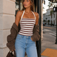 Women’s Striped Halter Crop Top with Square Neck