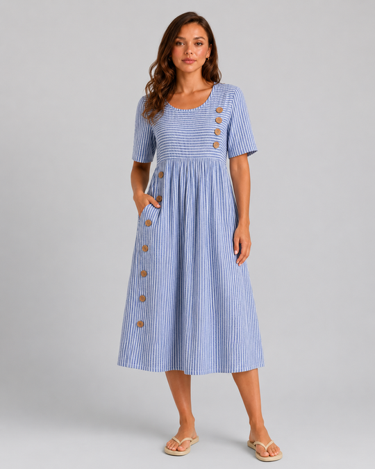 Women's striped midi dress featuring side button detailing, relaxed A-line silhouette, lightweight fabric, and practical side pockets for effortless everyday style.