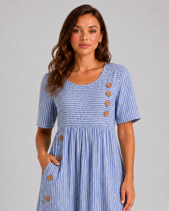 Women's striped midi dress featuring side button detailing, relaxed A-line silhouette, lightweight fabric, and practical side pockets for effortless everyday style.
