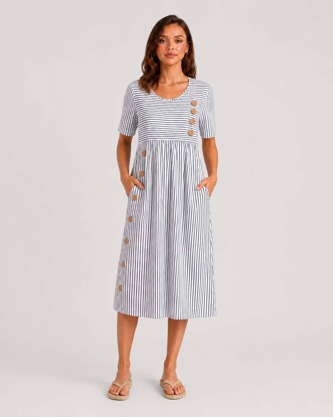 Women's striped midi dress featuring side button detailing, relaxed A-line silhouette, lightweight fabric, and practical side pockets for effortless everyday style.