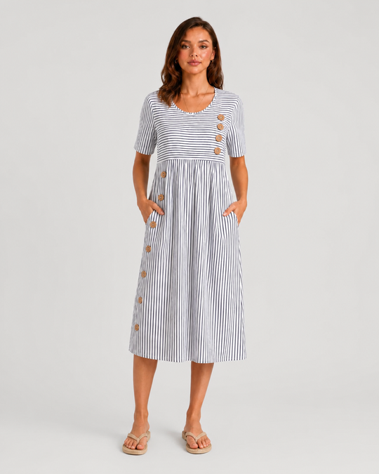 Women's striped midi dress featuring side button detailing, relaxed A-line silhouette, lightweight fabric, and practical side pockets for effortless everyday style.