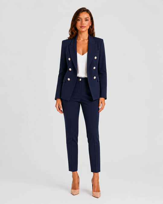 Woman wearing a tailored double-breasted blazer and matching trousers set with a structured silhouette and polished modern tailoring.