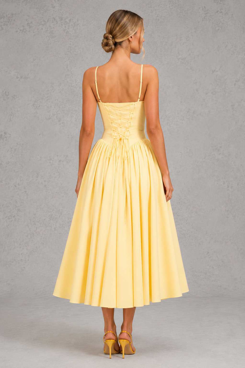 Women’s Sweetheart Godet Midi Dress with Lace-Up Back
