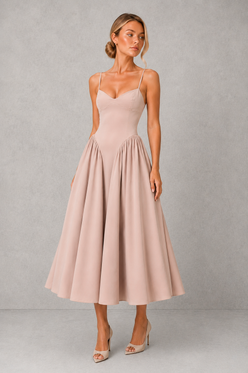 Women’s Sweetheart Godet Midi Dress with Lace-Up Back