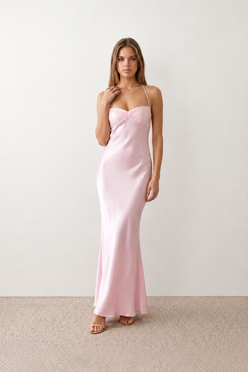 Women's Sylvie sequined slip maxi dress featuring a sparkling sweetheart bodice with ruched twist detail, adjustable halter tie neckline, lace-up open back, satin floor-length skirt with a side split, perfect for weddings, black-tie events and formal evening occasions.