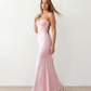 Women's Sylvie sequined slip maxi dress featuring a sparkling sweetheart bodice with ruched twist detail, adjustable halter tie neckline, lace-up open back, satin floor-length skirt with a side split, perfect for weddings, black-tie events and formal evening occasions.