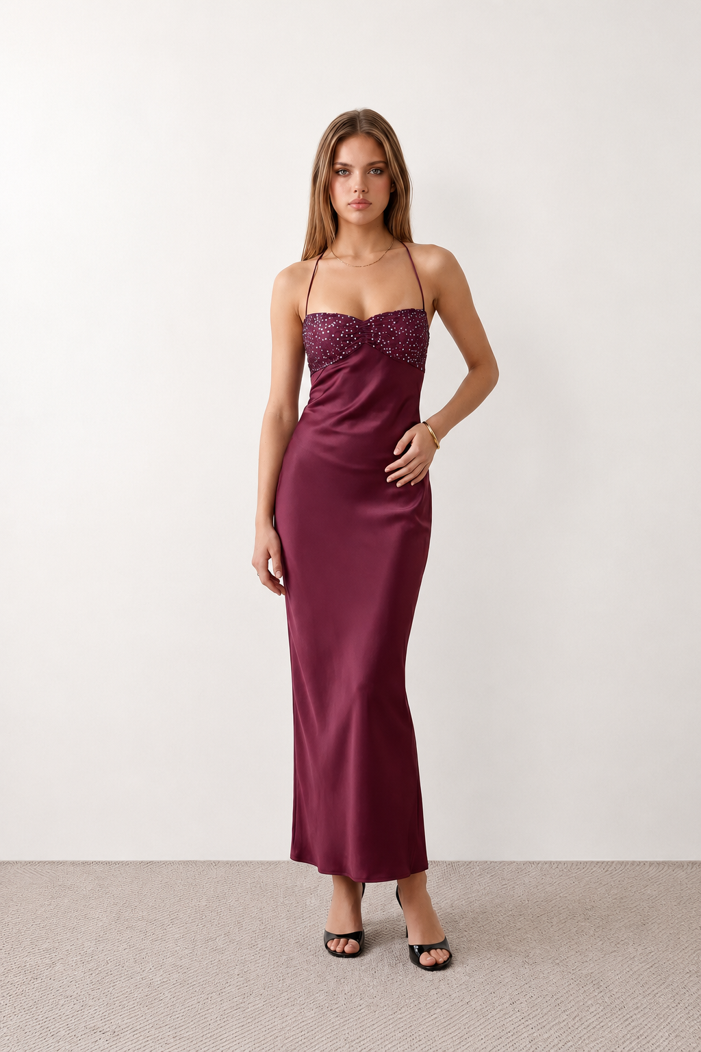 Women's Sylvie sequined slip maxi dress featuring a sparkling sweetheart bodice with ruched twist detail, adjustable halter tie neckline, lace-up open back, satin floor-length skirt with a side split, perfect for weddings, black-tie events and formal evening occasions.
