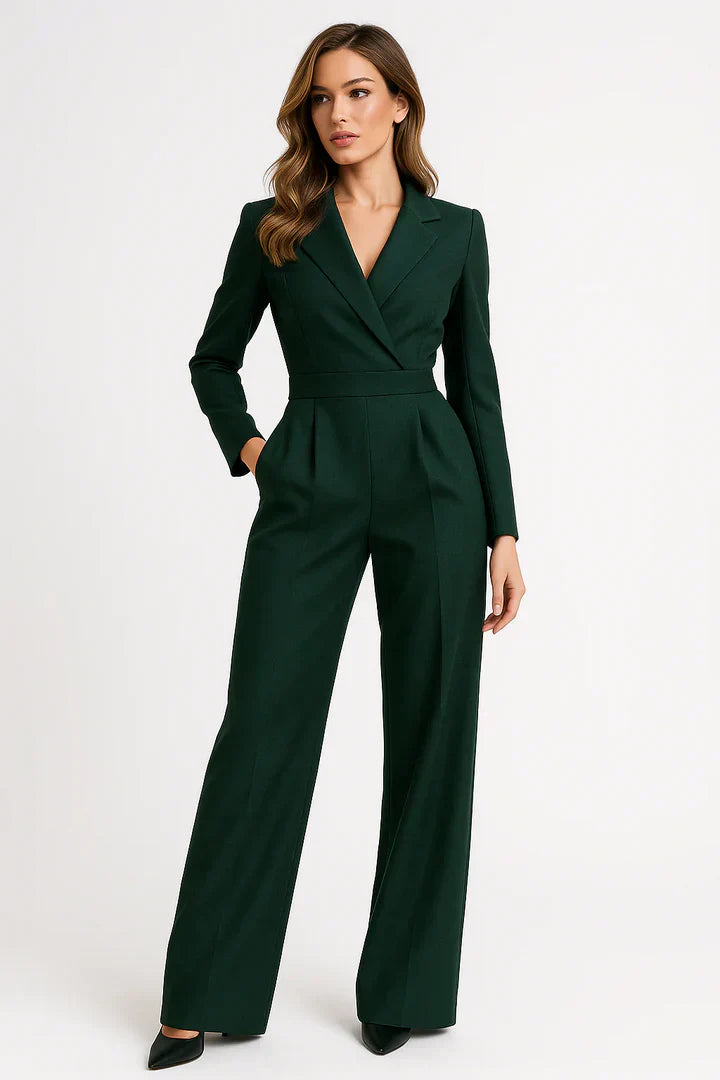 Woman wearing a green jumpsuit on a white background