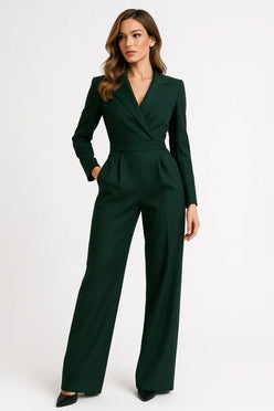 Woman wearing a green jumpsuit on a white background