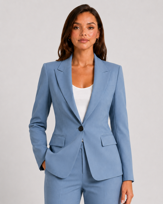 Woman wearing a tailored blazer and high-waist trousers set featuring a structured silhouette, clean lines, and sophisticated modern tailoring.
