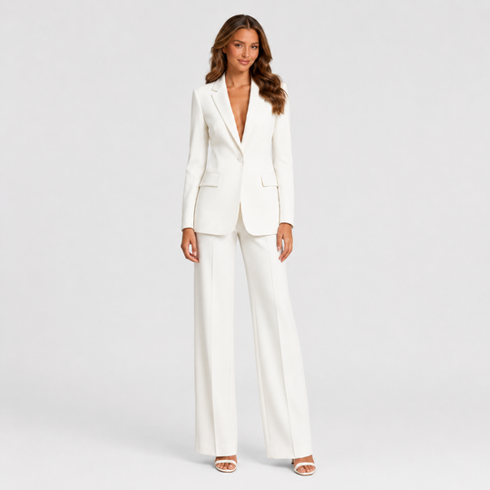Women's tailored blazer and wide-leg trouser co-ord set featuring a structured notched lapel blazer and fluid wide-leg trousers in a refined neutral tone.