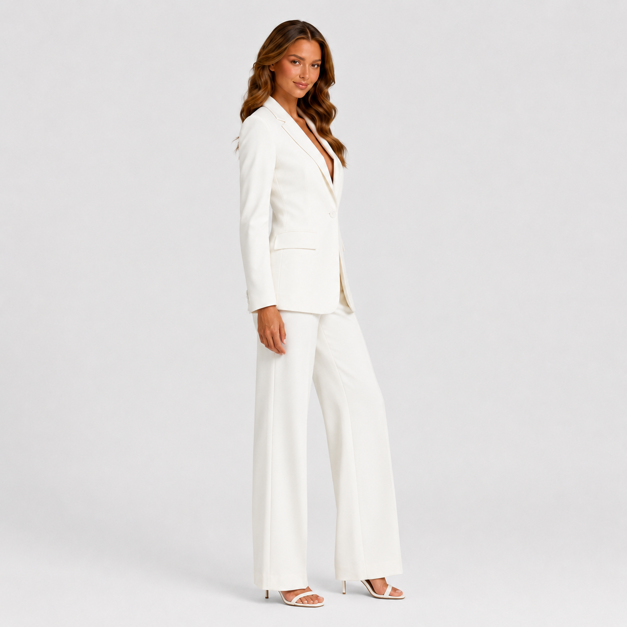 Women's tailored blazer and wide-leg trouser co-ord set featuring a structured notched lapel blazer and fluid wide-leg trousers in a refined neutral tone.