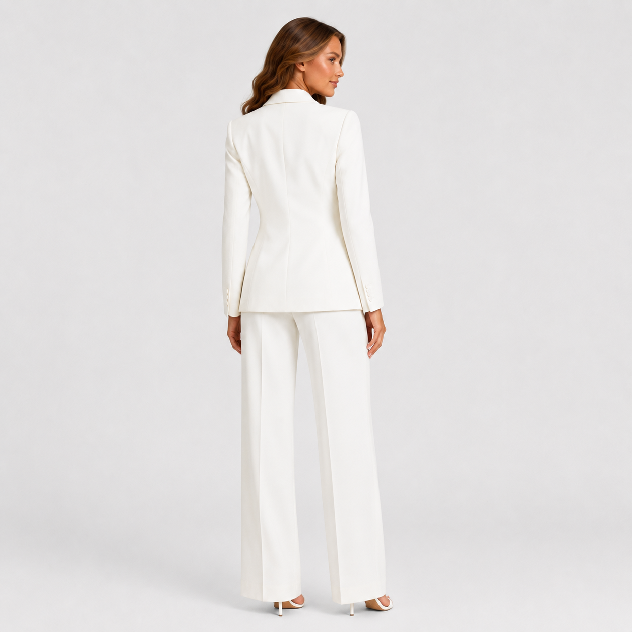 Women's tailored blazer and wide-leg trouser co-ord set featuring a structured notched lapel blazer and fluid wide-leg trousers in a refined neutral tone.
