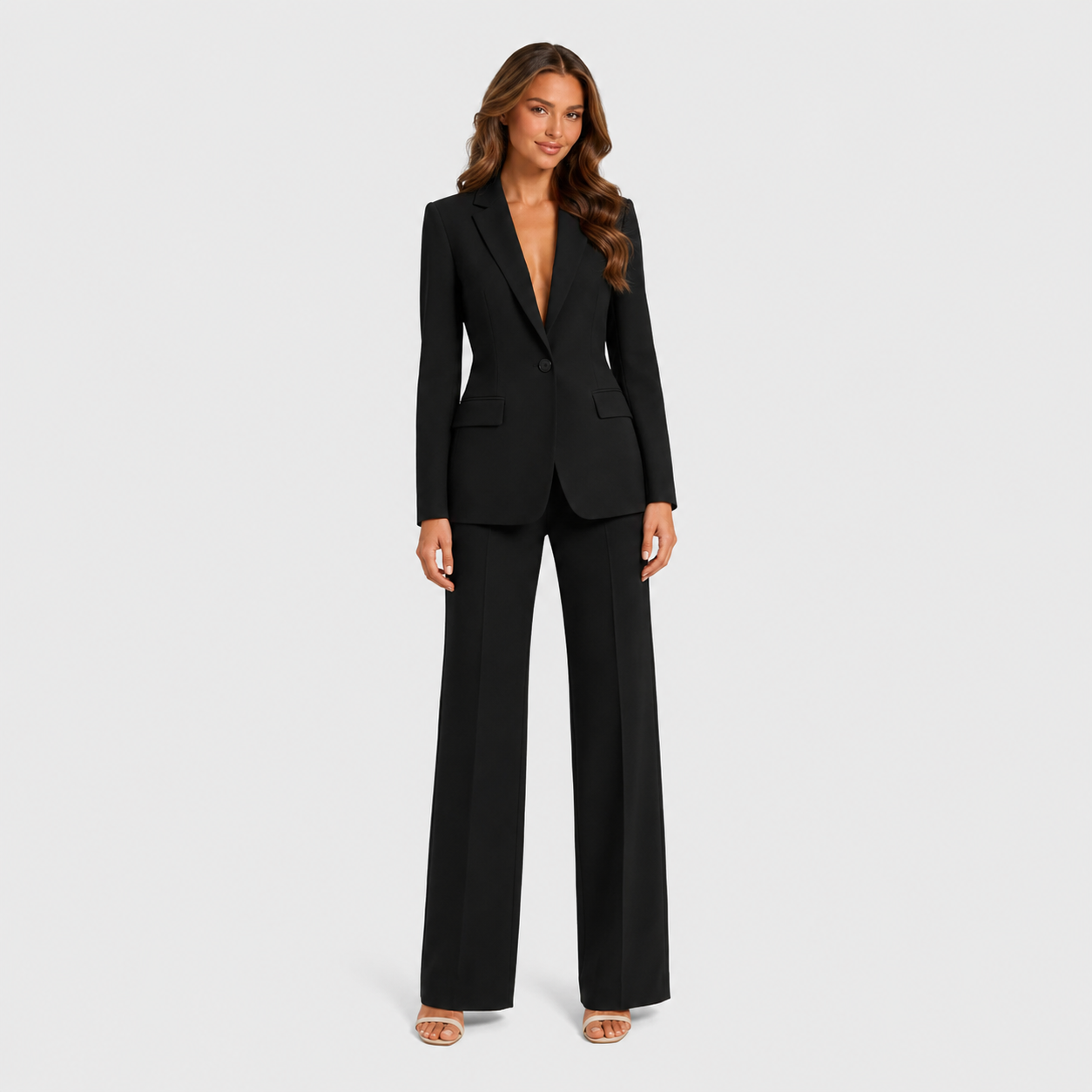 Women's tailored blazer and wide-leg trouser co-ord set featuring a structured notched lapel blazer and fluid wide-leg trousers in a refined neutral tone.