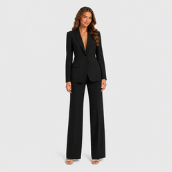 Women's tailored blazer and wide-leg trouser co-ord set featuring a structured notched lapel blazer and fluid wide-leg trousers in a refined neutral tone.