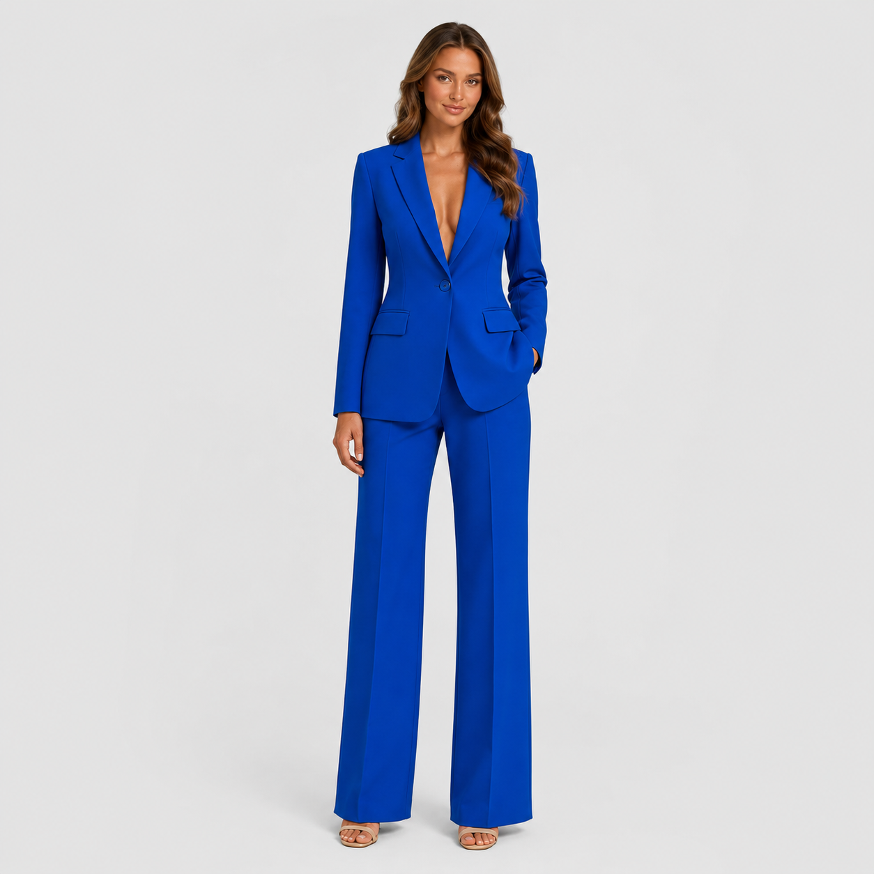 Women's tailored blazer and wide-leg trouser co-ord set featuring a structured notched lapel blazer and fluid wide-leg trousers in a refined neutral tone.