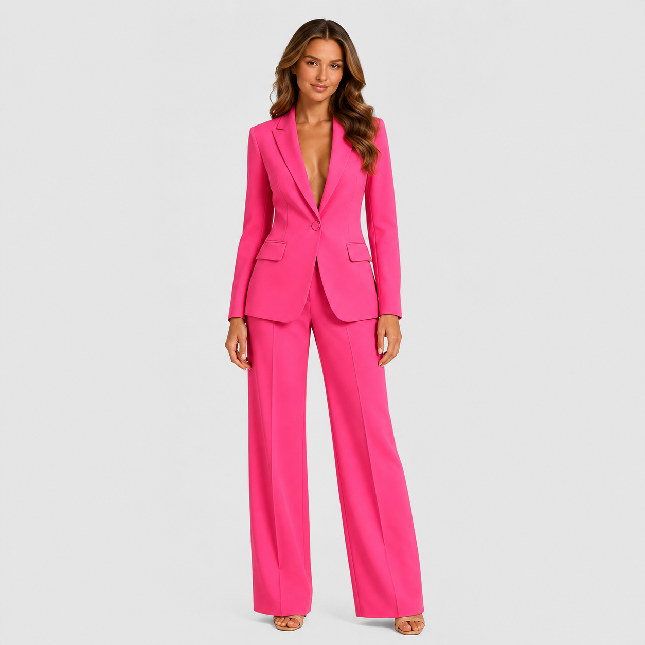 Women's tailored blazer and wide-leg trouser co-ord set featuring a structured notched lapel blazer and fluid wide-leg trousers in a refined neutral tone.