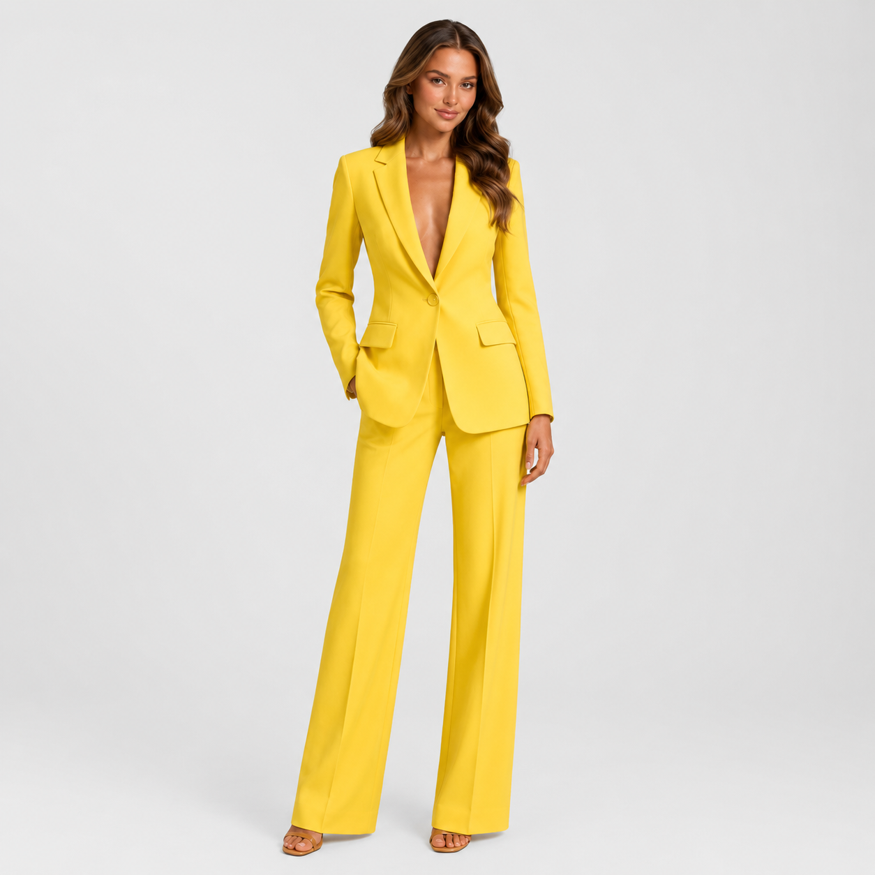Women's tailored blazer and wide-leg trouser co-ord set featuring a structured notched lapel blazer and fluid wide-leg trousers in a refined neutral tone.
