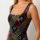 Women's Tiarna sequined low back mini dress featuring an all-over geometric diamond sequin design, elegant square neckline, wide shoulder straps, fitted silhouette, statement low-back detail and side-seam split, perfect for cocktail parties, birthdays, festive celebrations and evening occasions.