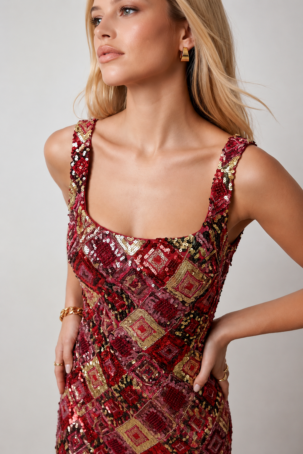 Women's Tiarna sequined low back mini dress featuring an all-over geometric diamond sequin design, elegant square neckline, wide shoulder straps, fitted silhouette, statement low-back detail and side-seam split, perfect for cocktail parties, birthdays, festive celebrations and evening occasions.