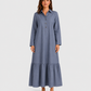 Women's cotton blend maxi shirt dress with tiered skirt, long sleeves, relaxed fit, and flowing silhouette for elegant summer styling.