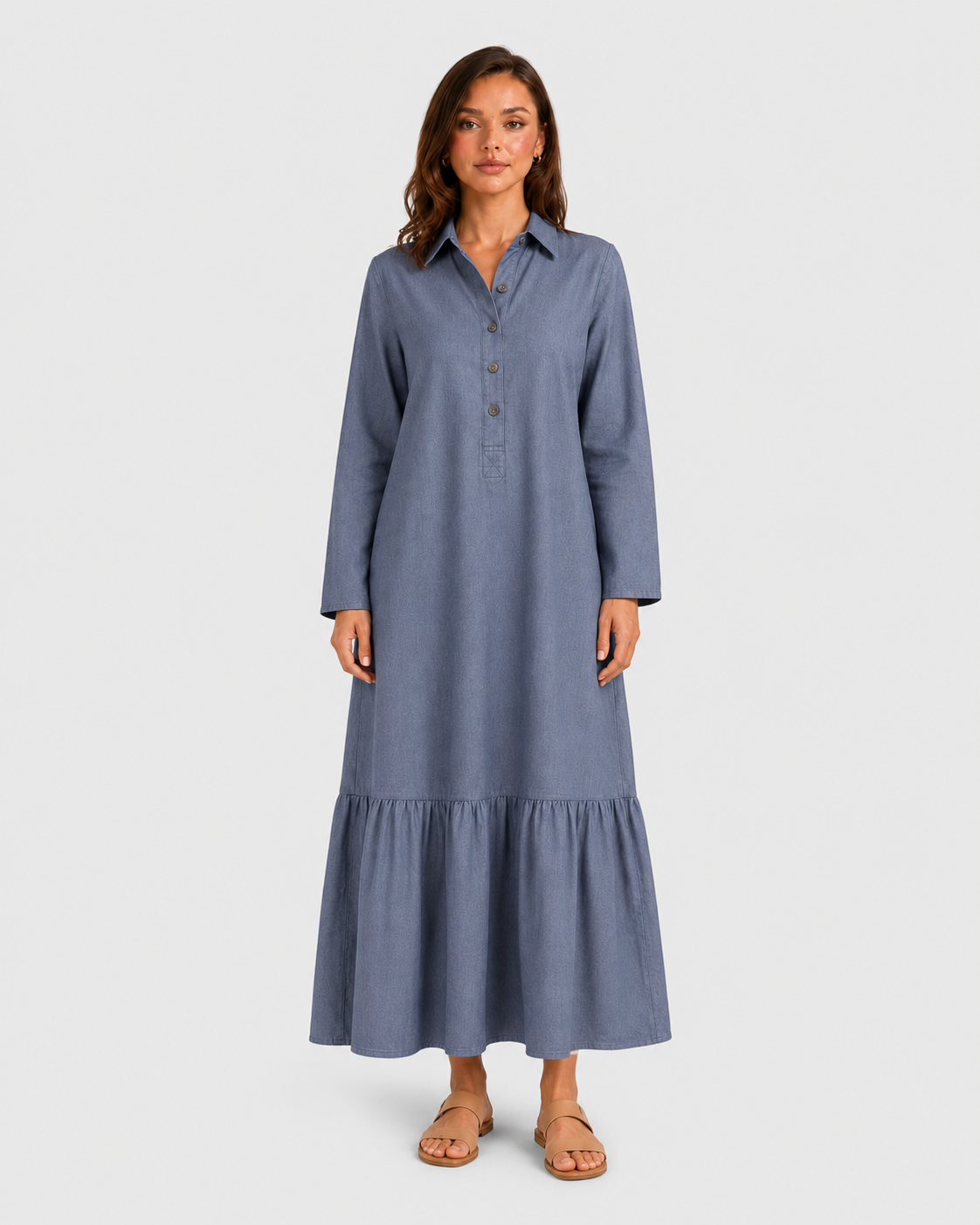 Women's cotton blend maxi shirt dress with tiered skirt, long sleeves, relaxed fit, and flowing silhouette for elegant summer styling.