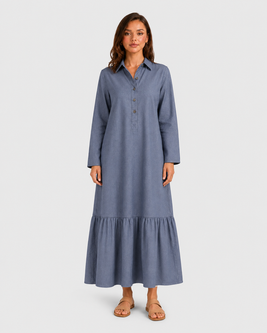 Women's cotton blend maxi shirt dress with tiered skirt, long sleeves, relaxed fit, and flowing silhouette for elegant summer styling.
