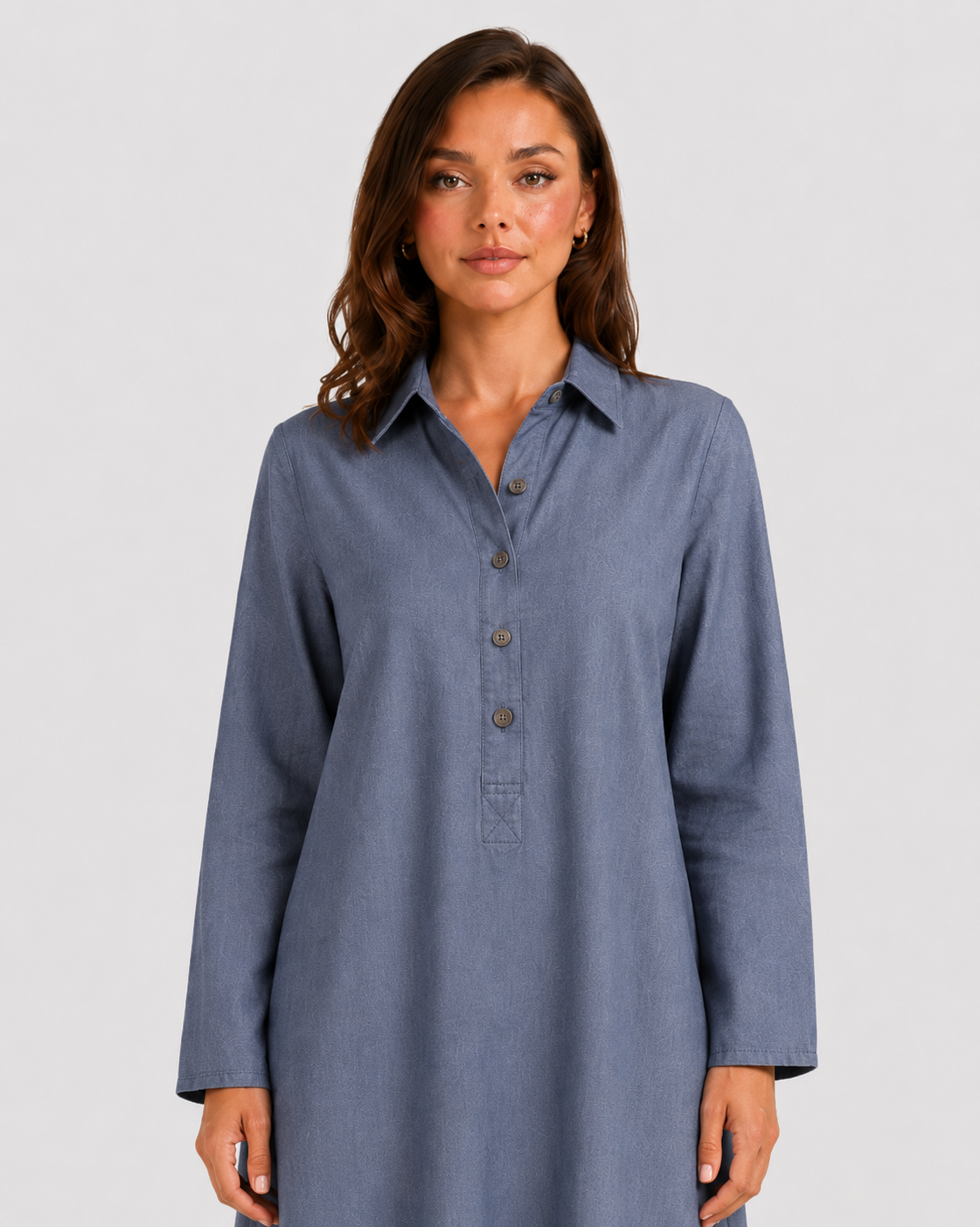 Women's cotton blend maxi shirt dress with tiered skirt, long sleeves, relaxed fit, and flowing silhouette for elegant summer styling.