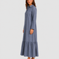 Women's cotton blend maxi shirt dress with tiered skirt, long sleeves, relaxed fit, and flowing silhouette for elegant summer styling.