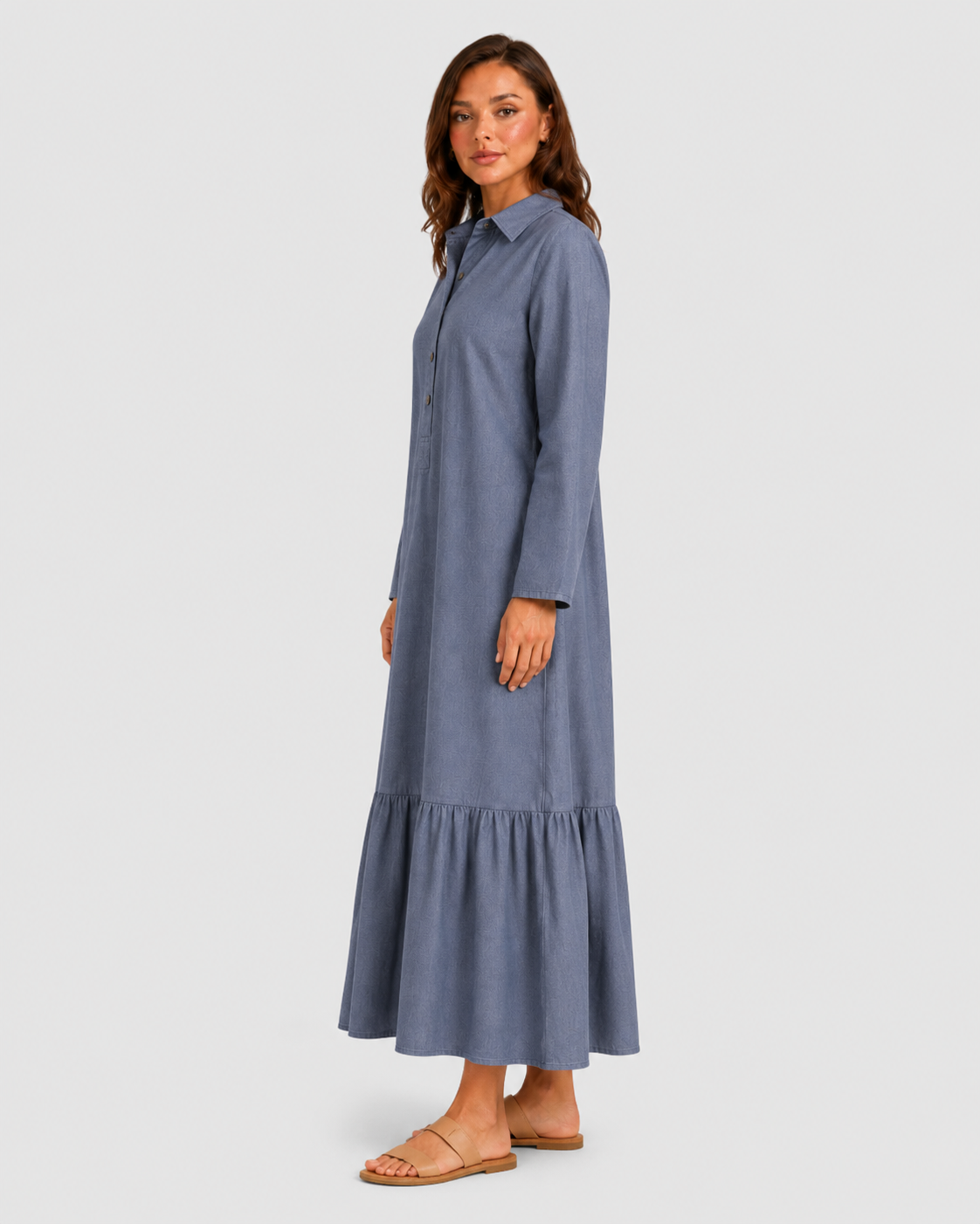 Women's cotton blend maxi shirt dress with tiered skirt, long sleeves, relaxed fit, and flowing silhouette for elegant summer styling.