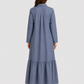 Women's cotton blend maxi shirt dress with tiered skirt, long sleeves, relaxed fit, and flowing silhouette for elegant summer styling.