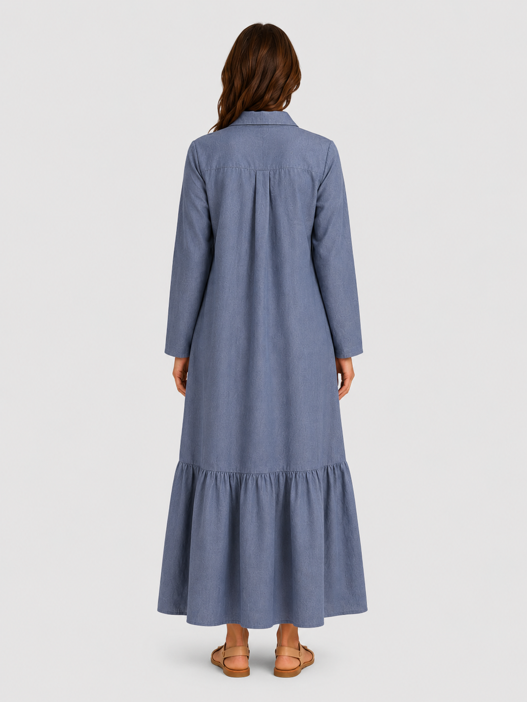 Women's cotton blend maxi shirt dress with tiered skirt, long sleeves, relaxed fit, and flowing silhouette for elegant summer styling.