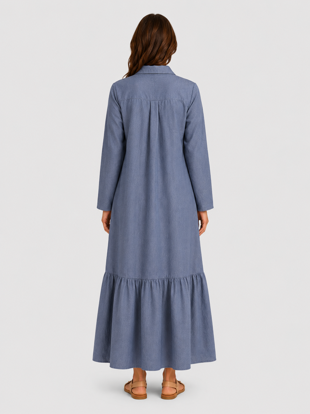 Women's cotton blend maxi shirt dress with tiered skirt, long sleeves, relaxed fit, and flowing silhouette for elegant summer styling.