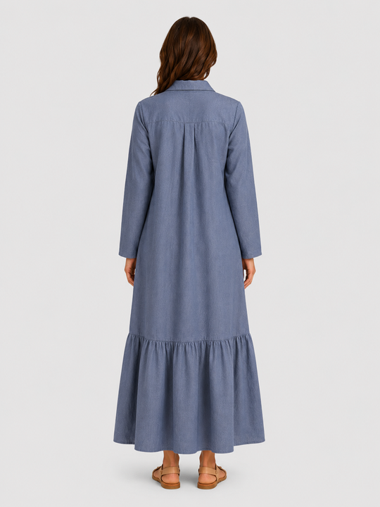 Women's cotton blend maxi shirt dress with tiered skirt, long sleeves, relaxed fit, and flowing silhouette for elegant summer styling.