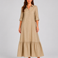 Women's cotton blend maxi shirt dress with tiered skirt, long sleeves, relaxed fit, and flowing silhouette for elegant summer styling.