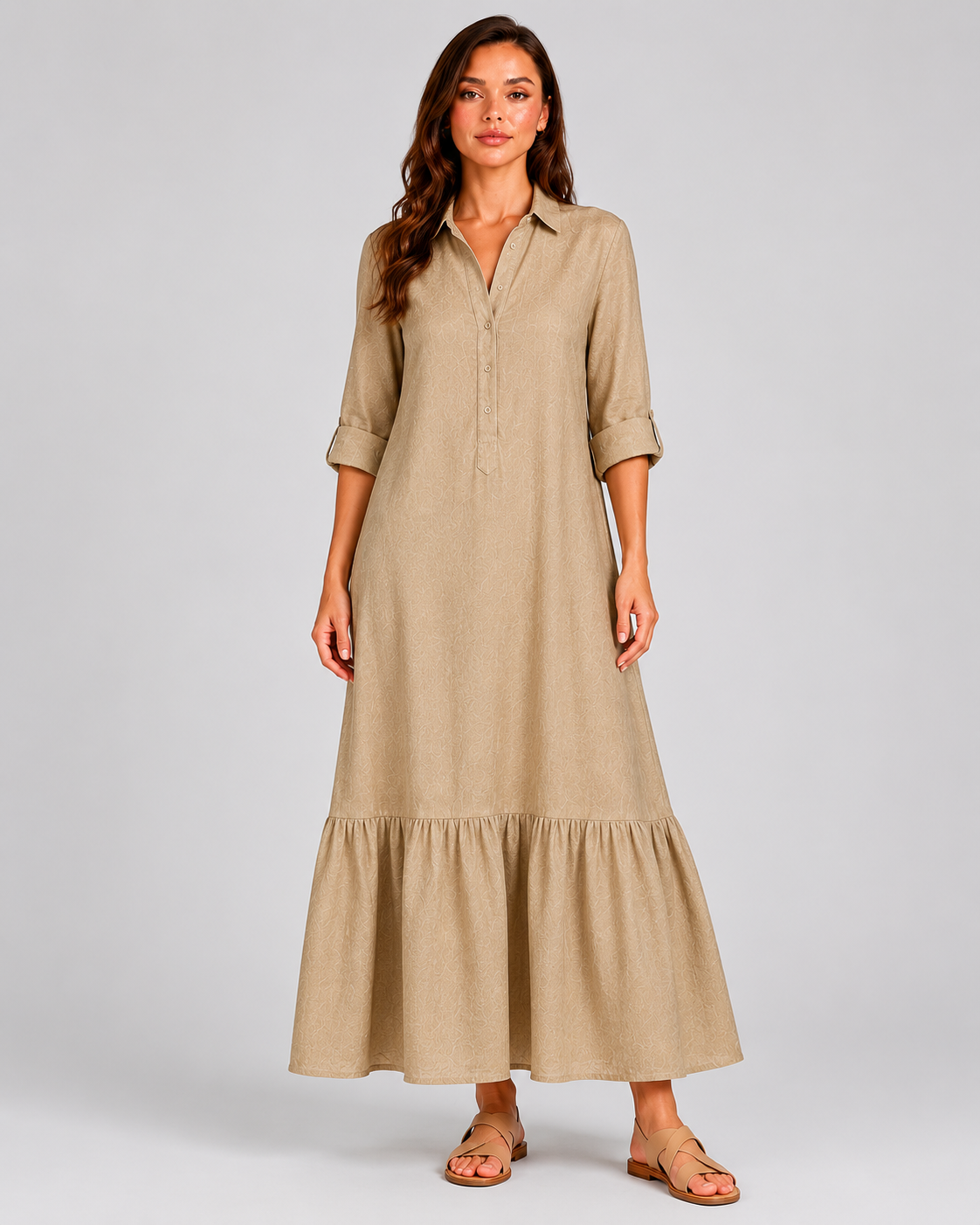 Women's cotton blend maxi shirt dress with tiered skirt, long sleeves, relaxed fit, and flowing silhouette for elegant summer styling.