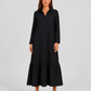 Women's cotton blend maxi shirt dress with tiered skirt, long sleeves, relaxed fit, and flowing silhouette for elegant summer styling.