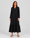 Women's cotton blend maxi shirt dress with tiered skirt, long sleeves, relaxed fit, and flowing silhouette for elegant summer styling.